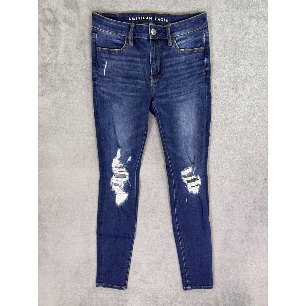American Eagle Jegging Jeans Womens 4 Blue Dark Wash Distressed Denim High Rise